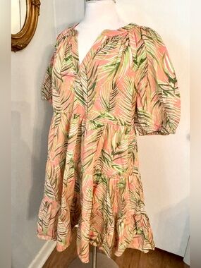 crown & ivy Coral and Green Palm-Print Peasant Dress NWT Summer Cotton